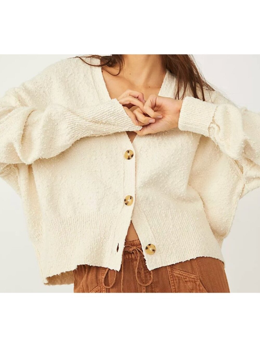 Free People Sweater Found My Friend Cardigan Oversize S Ivory Cotton Boucle